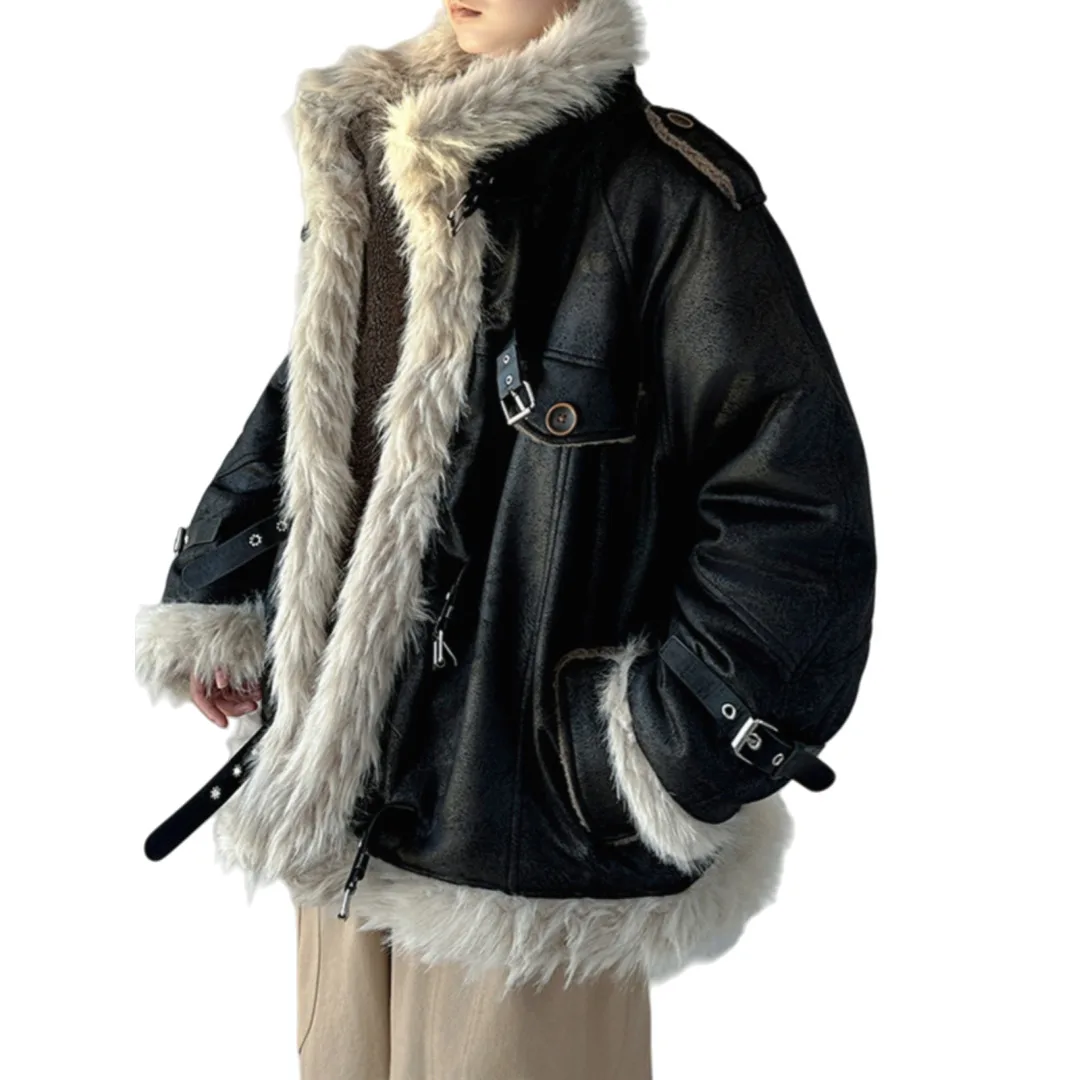 رجل سترة جلدية الفراء 2025 الشتاء الرجال فو الفراء شيرلينغ صوف الضأن سترة خمر موتو الوقوف طوق القطن مبطن ملابس خارجية