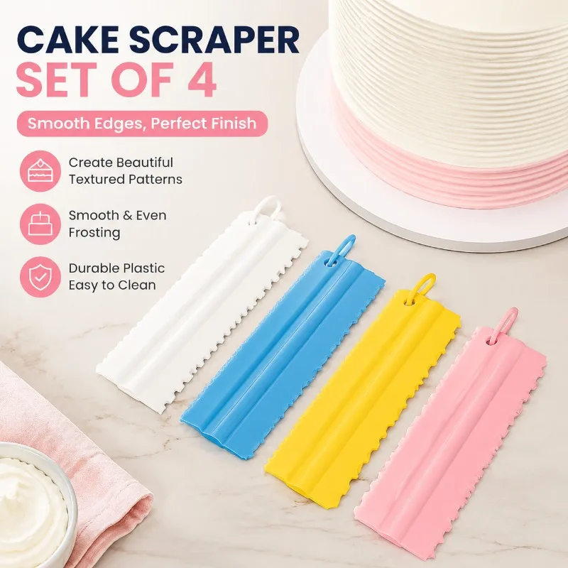 4 Pcs Plastic Baking Scraper Set Cake Contour Combing Tool Fondant Pastry Decorating Gadget Square Smoothing Panel Outline