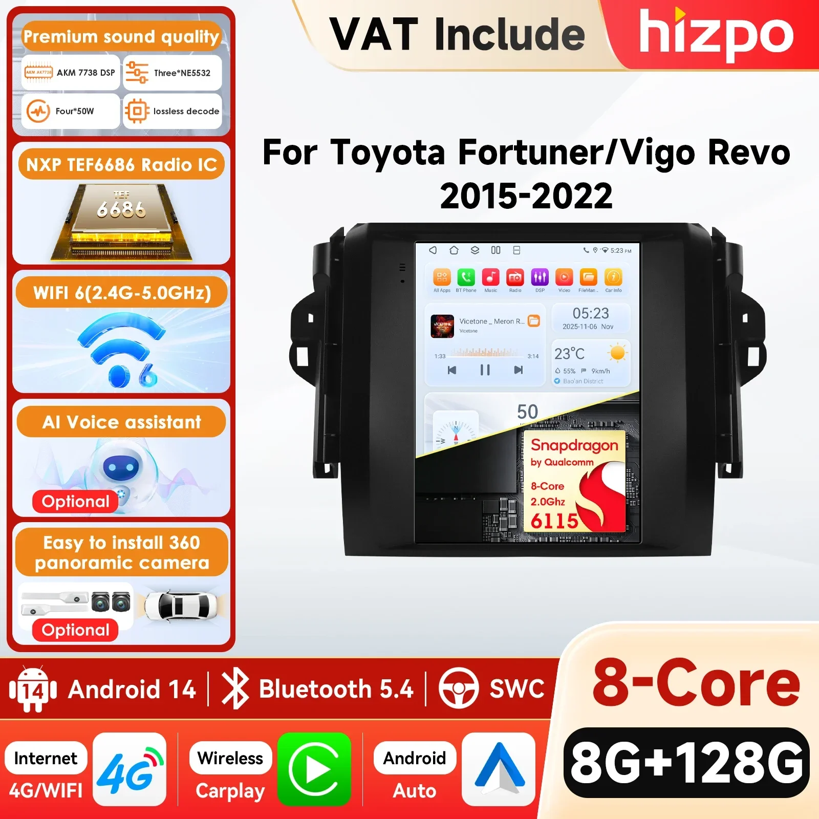 Hizpo 9.7 Lecteur Multimédia Android 14 pour Toyota Fortuner / HILUX Revo 2015 - 2022 GPS Carplay 4G RDS Caméra 360 Système Intelligent de Voiture Écran Tactile QLED WiFi Réseau 4G Haut-parleur Navigation GPS Pro AI Voice DSP AM FM RDS SWC DVR DAB OBD2