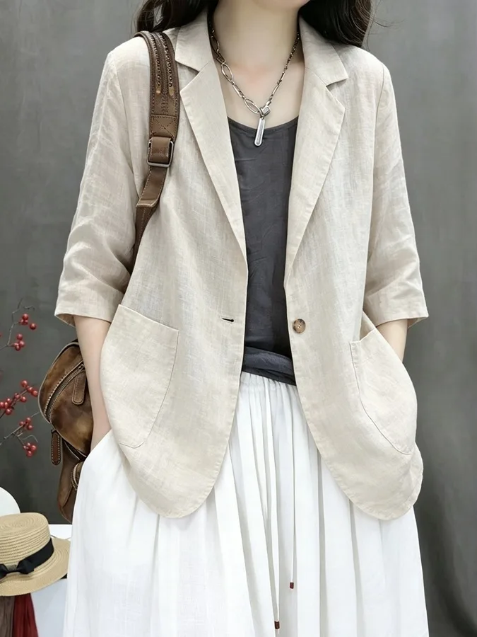 Casual Cotton Linen Short Suit Top Women's Fashion Spring 2026 Standard Fit Seven Sleeve Button up Polyester Fiber
