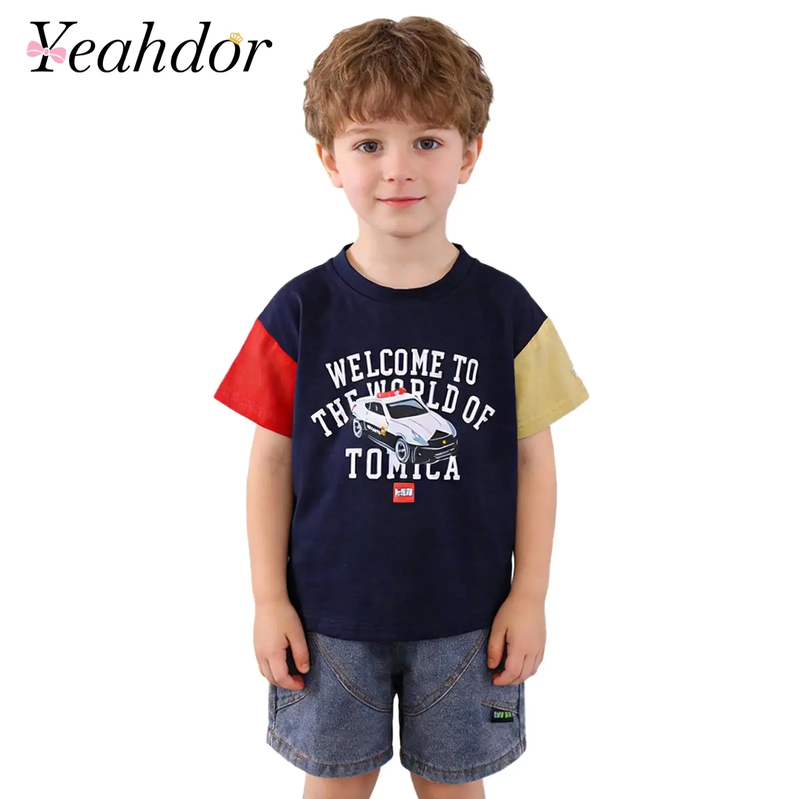 

Kids Boys Clothes Sets 2-Piece Outfit Short Sleeve Letter Print Color Block T-shirt with Elastic Waistband Denim Shorts Suits