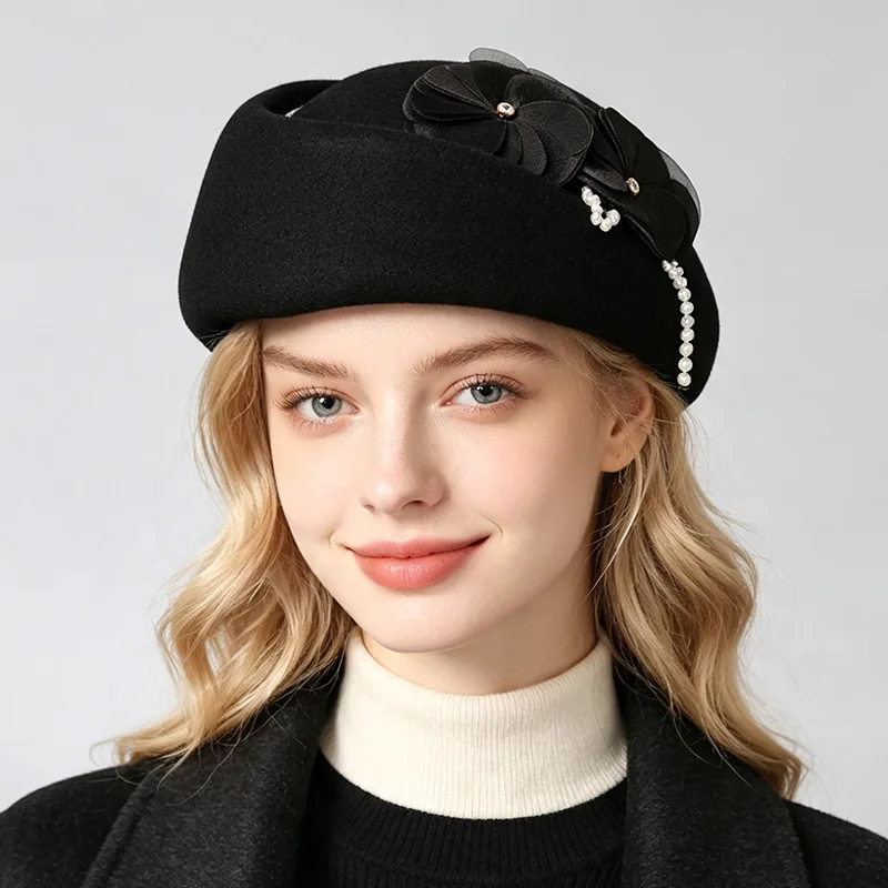 100% Wool Retro Hats for Women Wedding Cocktail Party Dancing Party Stewardess Cap Church Beret Bucket Caps High-end Felt Hat