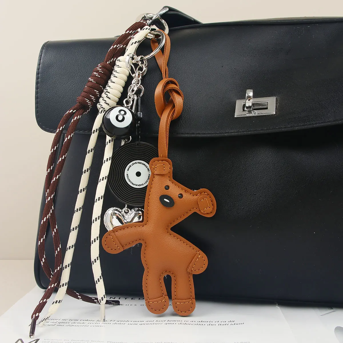 

New Cartoon Cute Bear Bag Pendant Fashionable PU Leather Teddy Bear Keychain Black Eight Braided Rope Pendant Bag Accessories