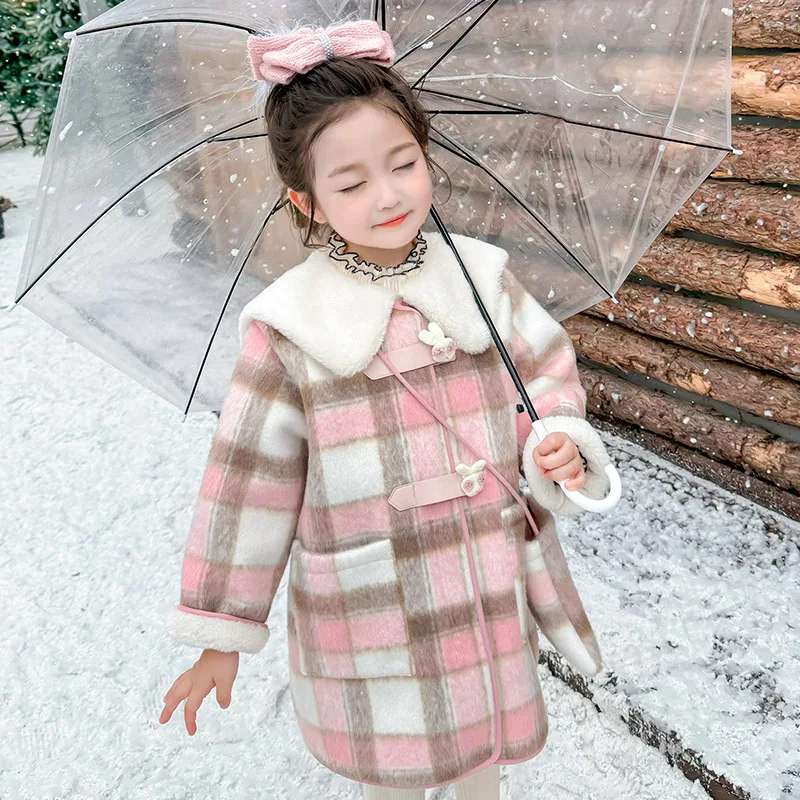 Girls Plaid Wool Coat Children 2024 New Autumn Winter Fashion Simple Casual Warm Coat Korean Sweet Style Top Clothes Coat