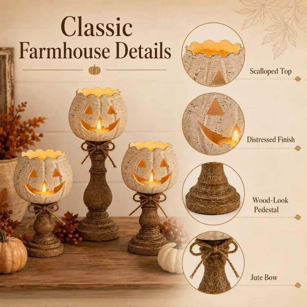Cutout Face Pumpkin Tealight Candle Holder Retro Scalloped Top Pumpkin Tealight Holder Jute Bow Wood-Look Base
