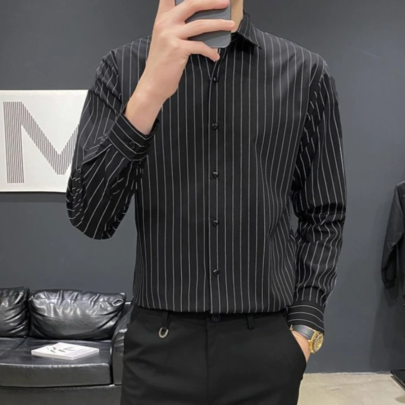 

Мужская рубашка с длинным рукавом, приталенная, в полоску, весна-осень, не требует глажки, устойчивая к сминанию, повседневная, деловая, премиум-класса, экспортная