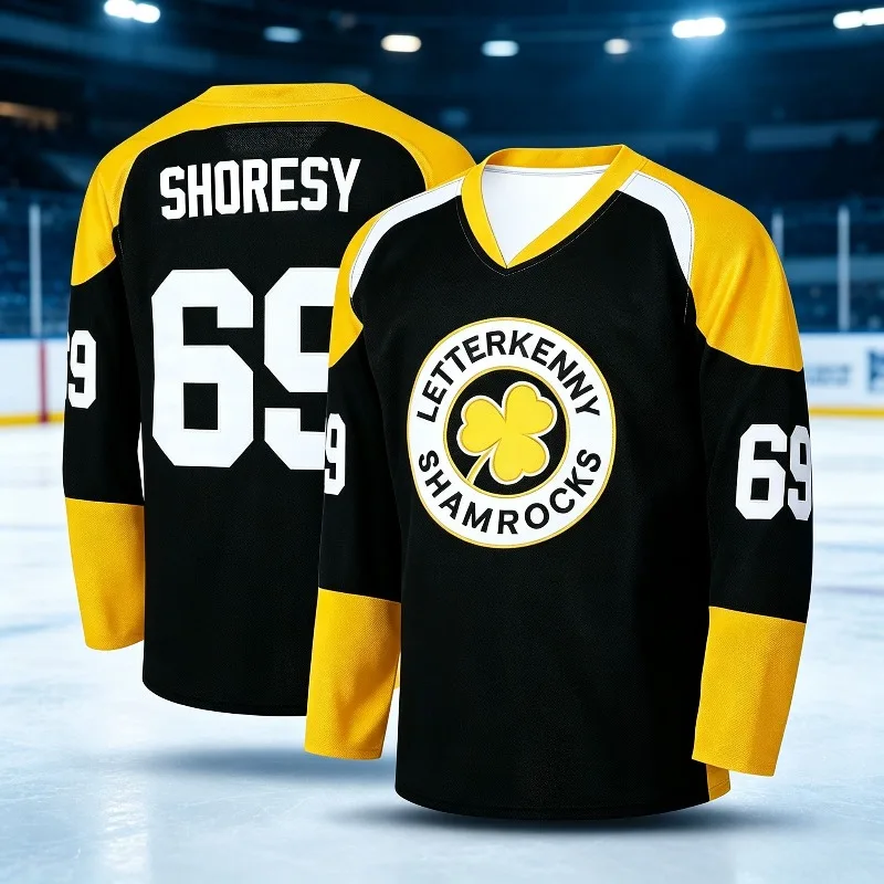 Letterkenny Shamrocks Inspired 3D Print Ice‑Hockey Jersey Unisex Shoresy 69 Yellow V‑Neck Long Sleeve TV‑Show Fan Sports Top