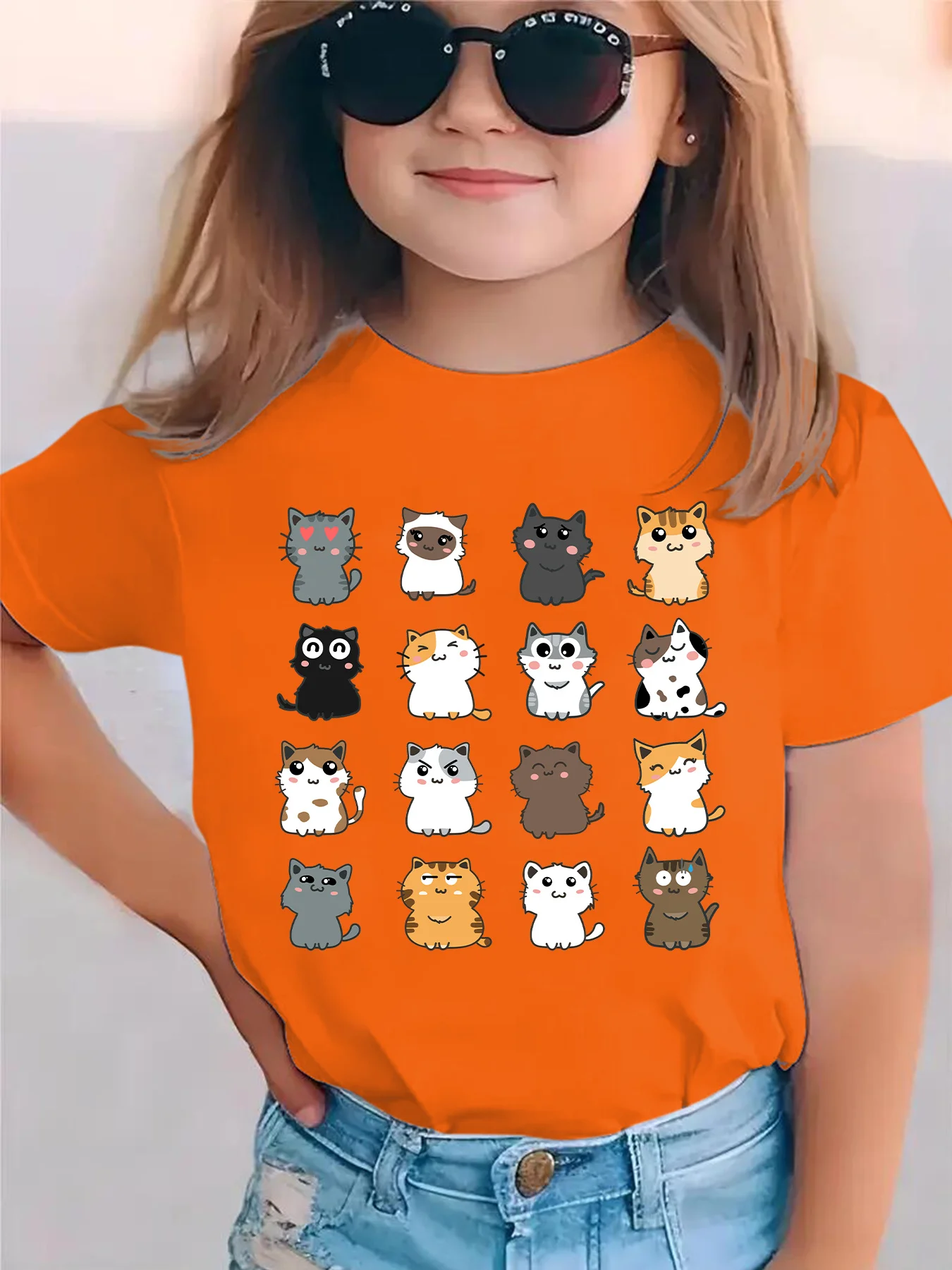 Cute Cartoon Various Kitten Grid Pattern Print Boys Girls Family Tee Soft Kids Parent Short Sleeve Daily Casual Comfort T Shirt