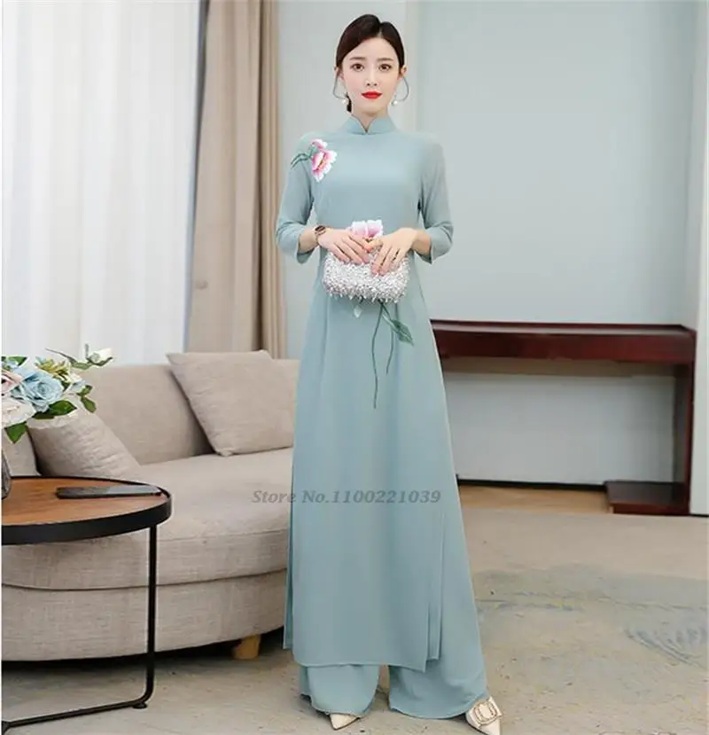 2024 vietnam aodai dress for women traditional casual dress+pants set flower printing robe and pants suit female chinese dress