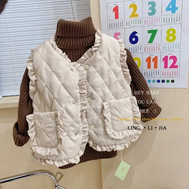 Vest Korea Childrens Clothing Girl Solid Color Winter Children Cotton Clip Keep Warm Loose Coat Tide 2024 Simple Fashion