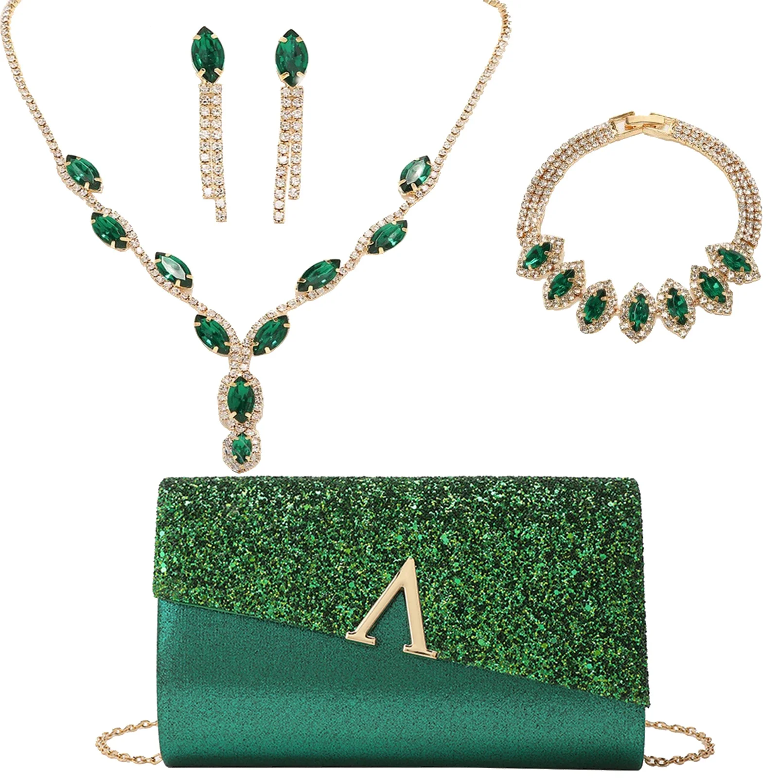 4 قطع المرأة مساء حقيبة صغيرة حجر الراين الأذن كليب الزفاف الزفاف المختنق سوار استرخى بلينغ بريق محفظة طقم مجوهرات #3