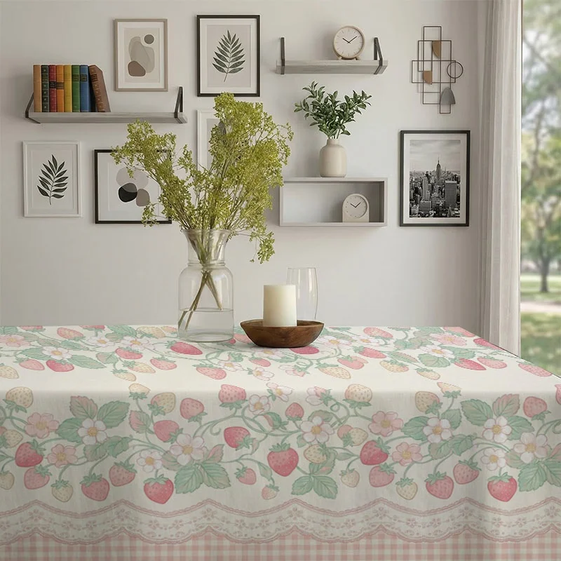 1pc Vintage Pastel Checkered Strawberry Floral Tablecloth - Durable Polyester Rectangle Table Cover with Scalloped Lace Trim, Easy-Clean Decorative Cloth for Dining And Kitchen, Multiple Specifications Available