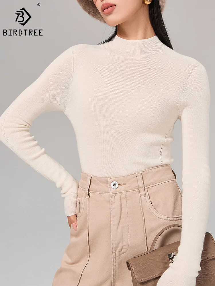 Birdtree 18G 10% Silk 90%Sheep Wool Sweaters Long Sleeve Mock Neck Seamless Knit Basics Pullovers Woman Autumn Winter T39413QM