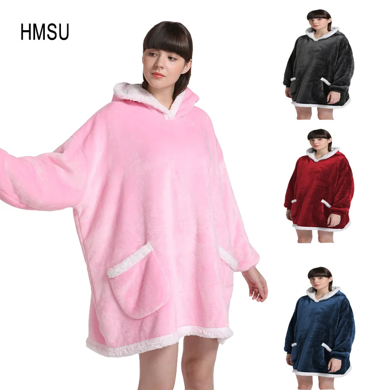 HMSU Winter Warm TV Hooded Blankets Sofa Cozy Coral Fleece Hoodie Blanket Adults Bathrobe Weighted Blanket with Sleeves Outwears