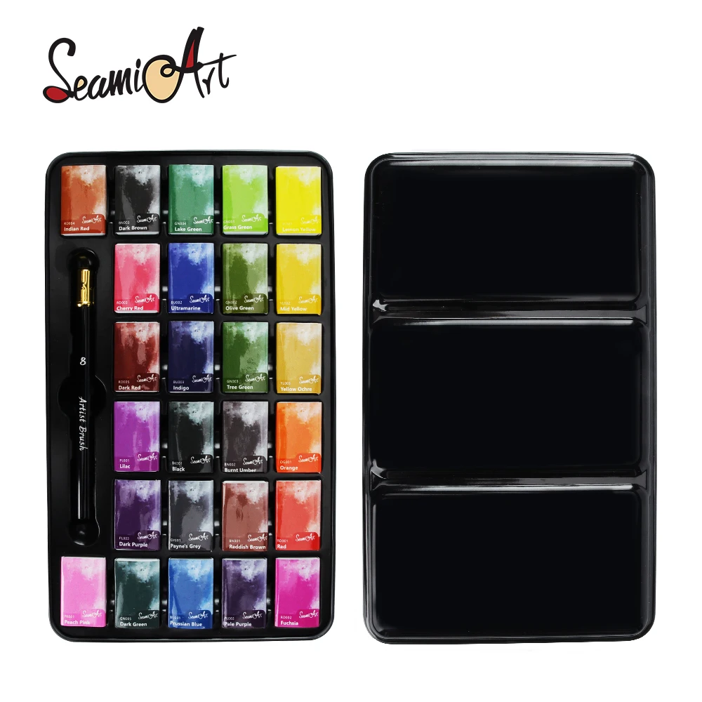 SeamiArt 26 Colors Full Pan Artist Grade Professional Solid Watercolor Tin Box Paint Set for School Art Painting Supplies