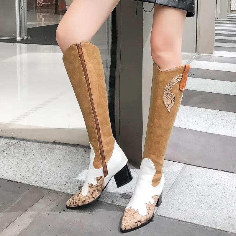 New 2023 Hot Women Snake Print Western Cowgirl Boots Female Pu Leather Patchwork Cowboy Woman Zip High Heel Long Bota Size 44 47