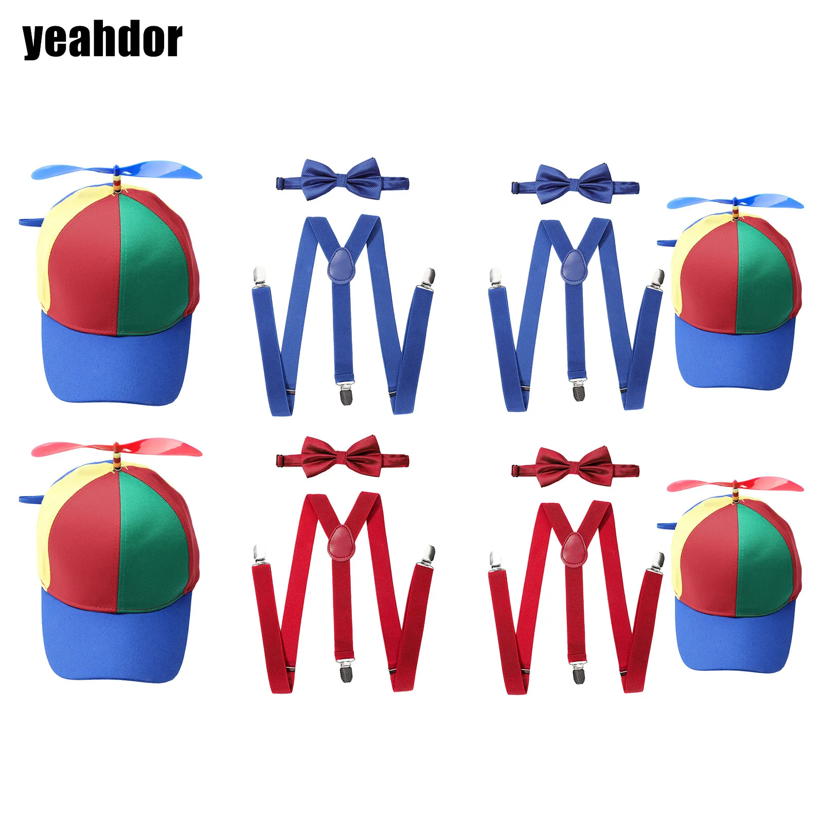 

Y-back Suspenders Colorful Costumes Accessories Set Adult Fancy Rainbow Hat with Detachable Propeller And Removable Bow