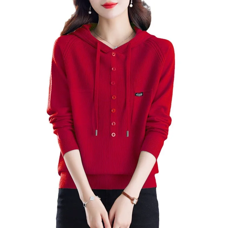 Maglione da donna a maniche lunghe con cappuccio Nuovo lavoro a maglia Abbigliamento donna Primavera Autunno Pollover Top 2025 Tira Femmes Maglieria Camicetta