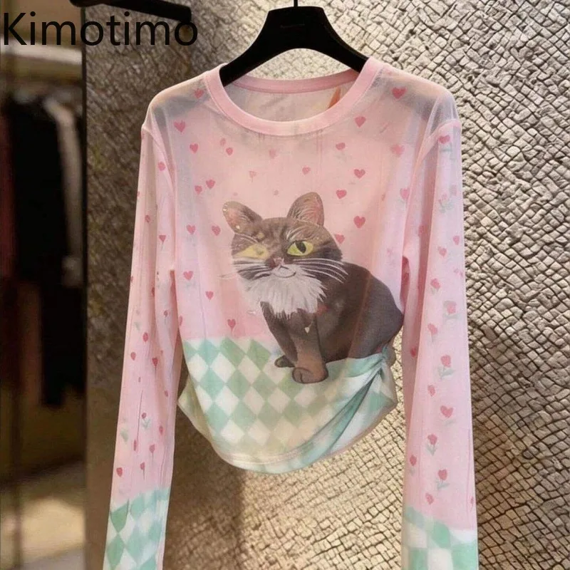 Kimotimo Fashion Cat Print Mesh Long Sleeve T-shirt Women 2026 New Crew Neck Slim Sheer Base Tops Harajuku Y2k Aesthetic Tees