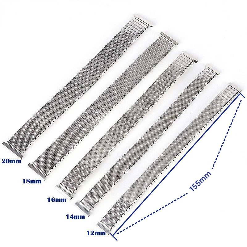 Металлический эластичный ремень для мужских и женских часов, аксессуары для эластичного браслета, расширительный ремешок из нержавеющей стали с плоским концом 12, 14, 16, 18, 20 мм