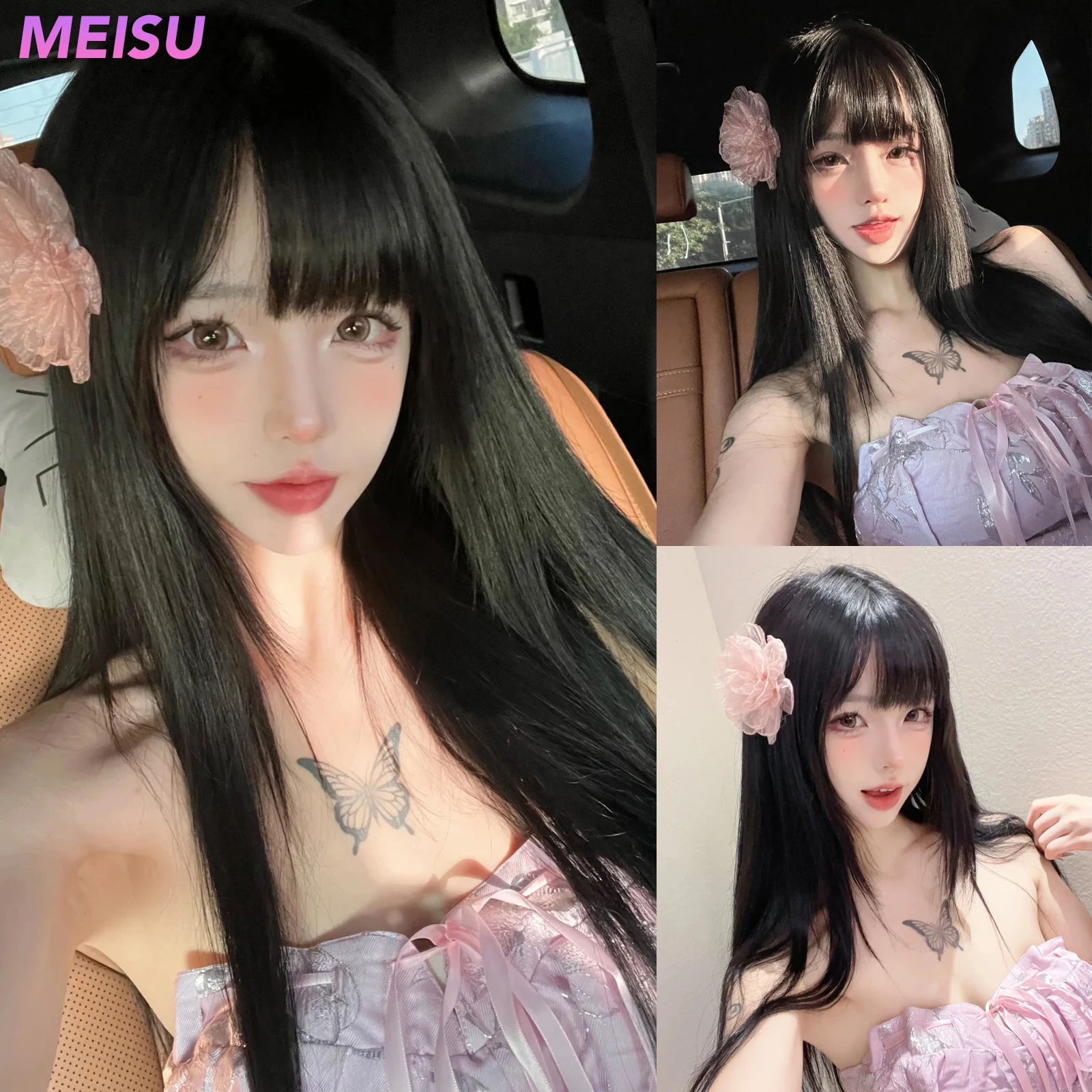 MEISU 26 Inch Straight Bangs Wig Black Tea Synthetic Fiber Layered Hair Heat-Resistant Natural Smooth Extend Hair Selfie Party