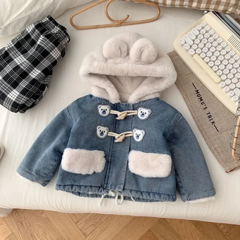 

2023 Winter Children Girl Coat 0-5Years Toddler Kids Long Sleeve Woolen Denim Jacket Thicken Warm Hooded Outerwear Clothes