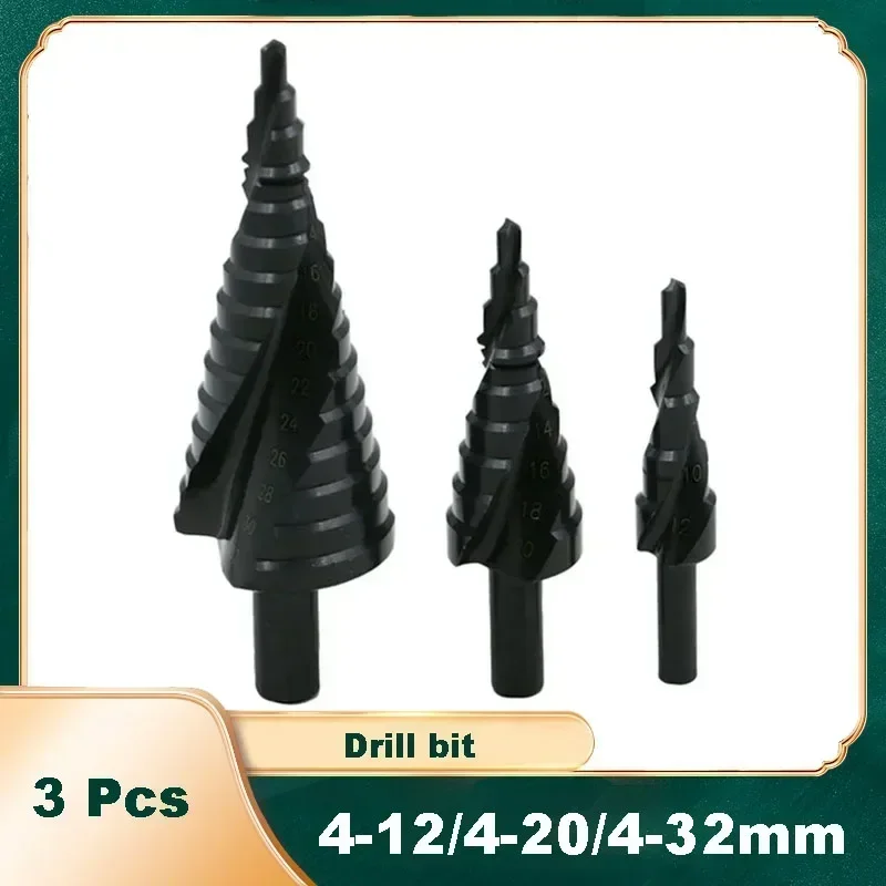 3PCS HSS Cobalt Step Drills Bit 4-12mm 4-20mm 4-32mm Nitrogen Spiral Triangle Shank Drill Bit Set for Metal Cone Metal Drilling