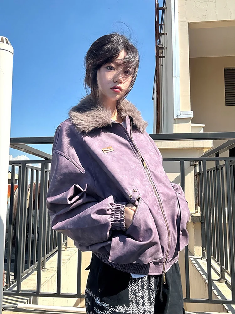 

Retro American Purple Leather Jaet Cotton Coat ex Autumn Winter Removable Fur Collar Loose Casual High Street Top
