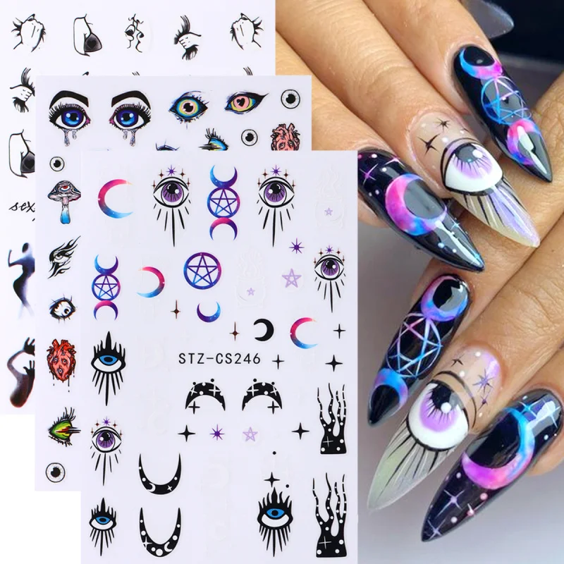 Urocze Oczy Księżyc Gwiazda Naklejki na Paznokcie Fioletowe Złe Oczy Bogini Ozdoby do Paznokci Śliczne Duchy Halloweenowe Samoprzylepne Naklejki Dekoracje