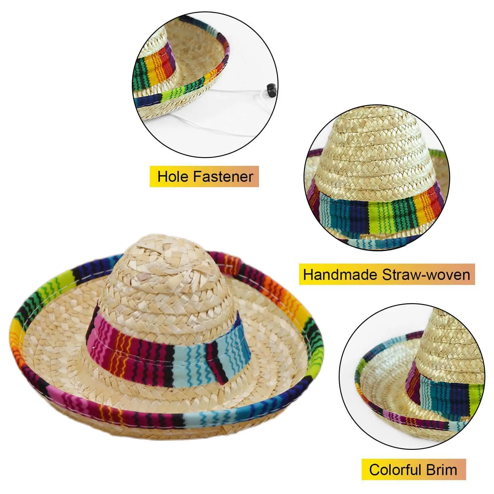 มินิเครื่องแต่งกายสุนัข Sombrero สัตว์เลี้ยงหมวกสัตว์เลี้ยงหมวกสุนัขเม็กซิกันฟางที่มีสีสัน Sombrero เครื่องประดับสัตว์เลี้ยงฟาง Z5b0