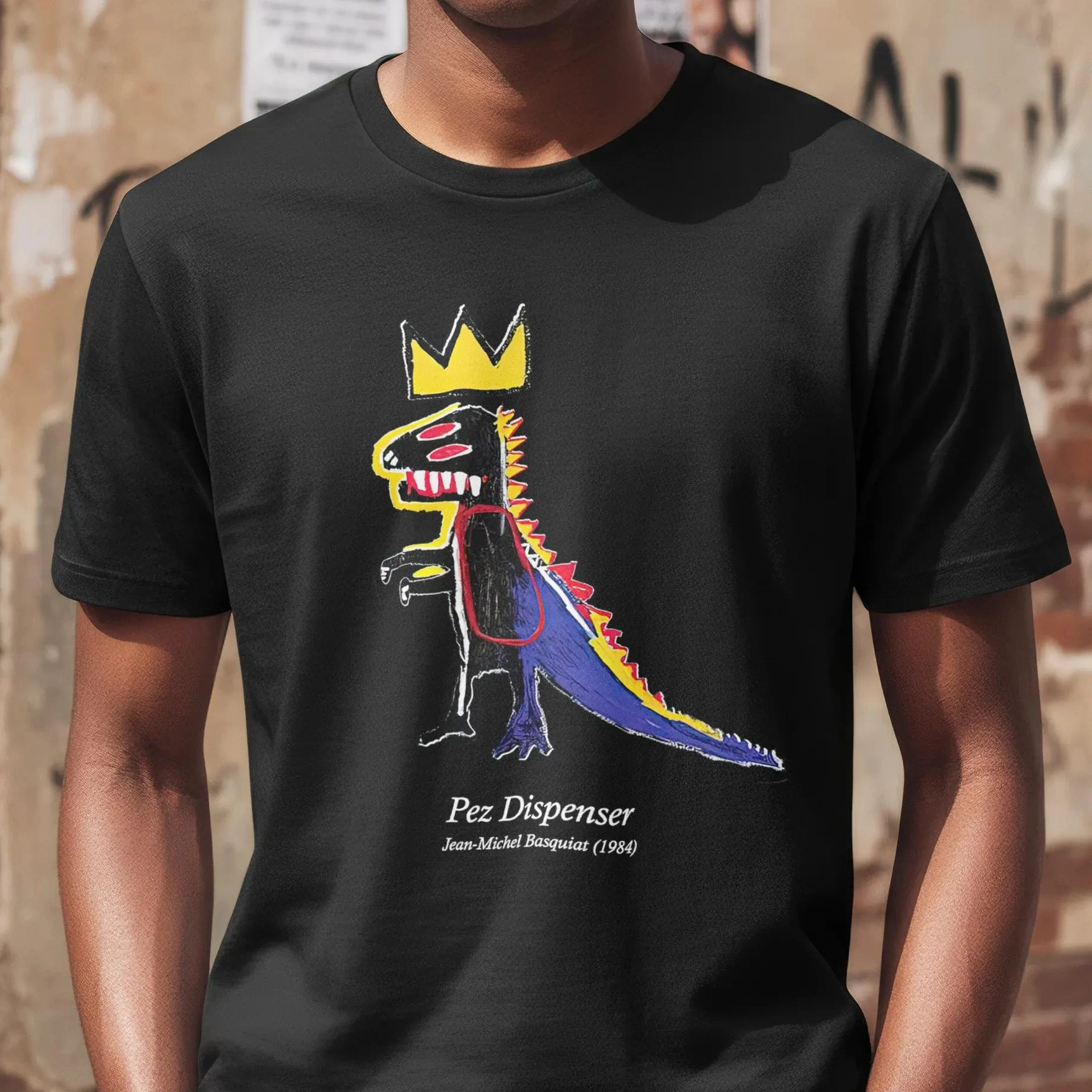 Camiseta Basquiat Pez Dispenser 1984 Jean-Michel Basquiat pintura Original Unisex Softstyle Tee Art Lover gráfico de dinosaurio único