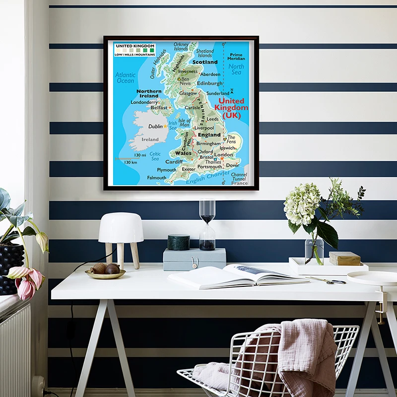 

90*90cm The United Kingdom Orographic Map Art Poster and Prints Non-woven Canvas Painting Home Decoration School Supplies