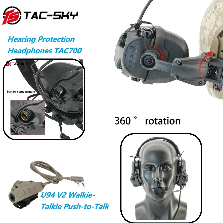 TAC-SKY Sound Pickup Noise Reduction Hearing Protection Headphones TAC700 with U94 V2 Walkie Talkie PTT Adapter for Baofeng