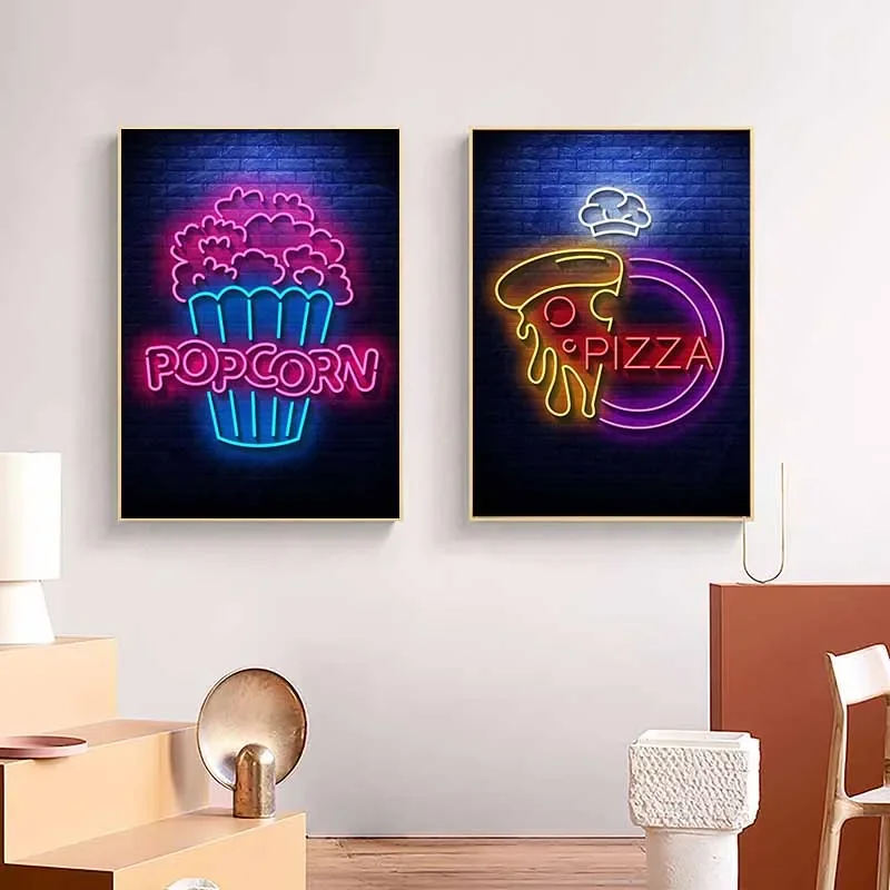 Neon Food Sign Noodles Ramen Popcorn Sushi Poster Canvas Painting Posters and Prints Wall Art Picture for Living Room Decoration