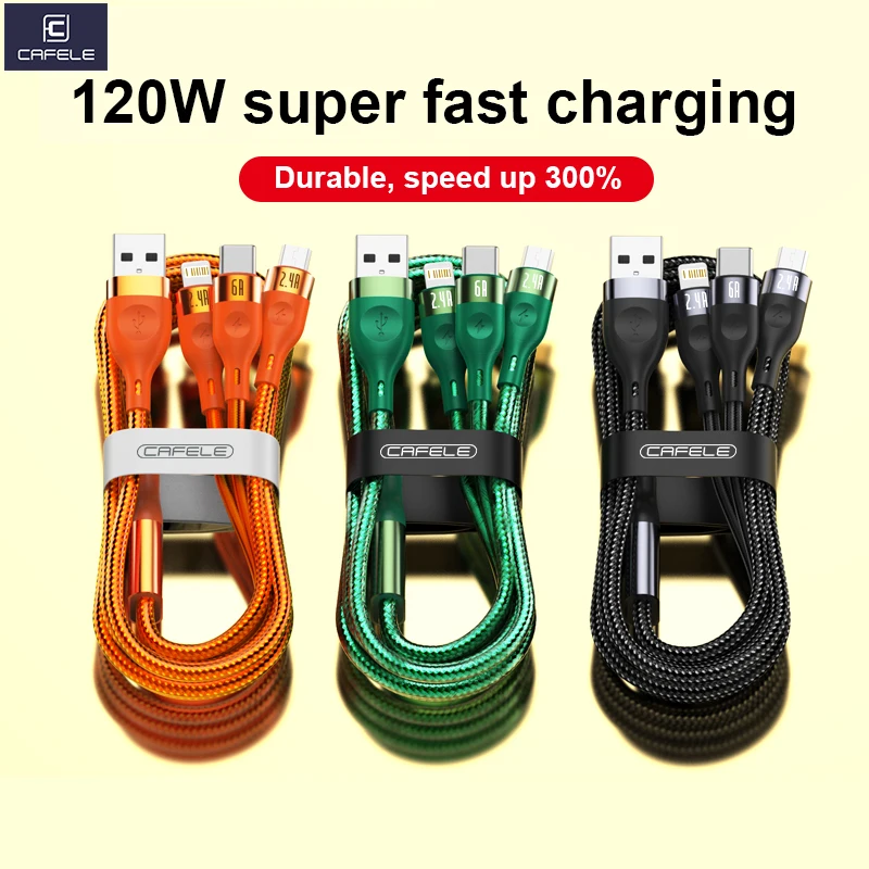 

CALEFE 100W 3 in 1 USB Fast Charging Cable for iphone Huawei 6A Type C Charging Data Cable Multi Port Micro USB Charging Wire