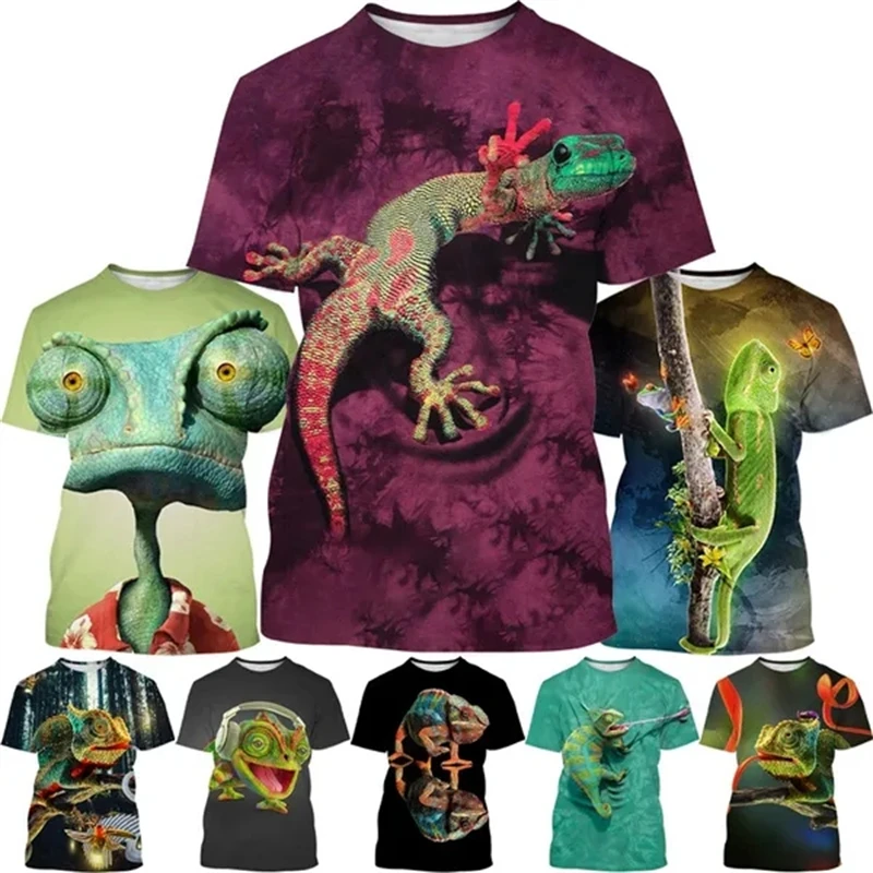 Summer New Fashion Chameleon Pattern T Shirts Womens Mens Fashion 3D Printed Funny Casual Short Sleeve T-Shirt Trendy Unisex Top