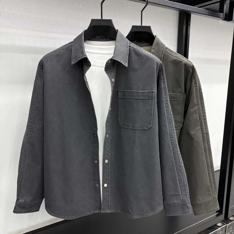 

Модная мужская джинсовая рубашка-кардиган в американском ретро-стиле с отложным воротником, свободного кроя, с длинными рукавами, для мужчин среднего и молодого возраста