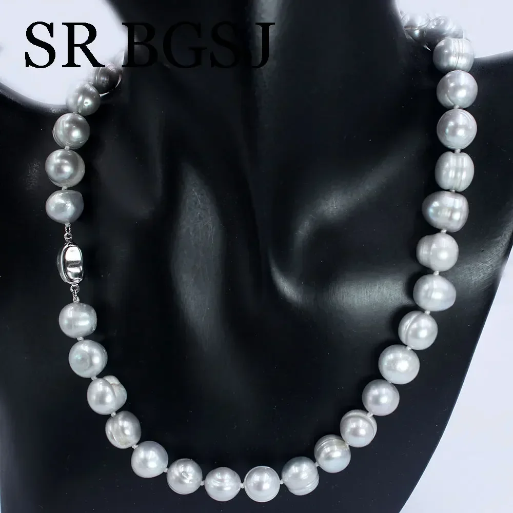 11-12mm Nice Round Gray Natural Genuine Freshwater Pearl Women Bead Choker Necklace 17-20inch
