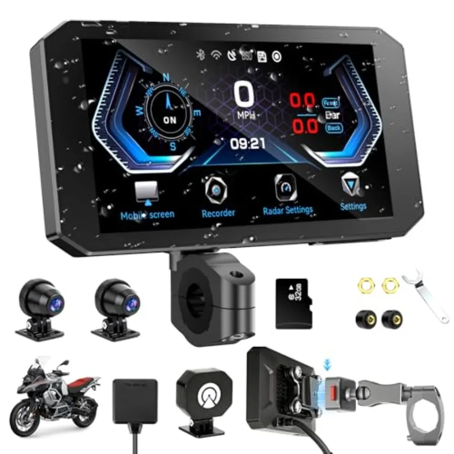 

Motorcycle Carplay Android Auto for outdoor use, waterproof ABS plastic, black, 5.5 touchscreen with TPMS, millimeter wave rada