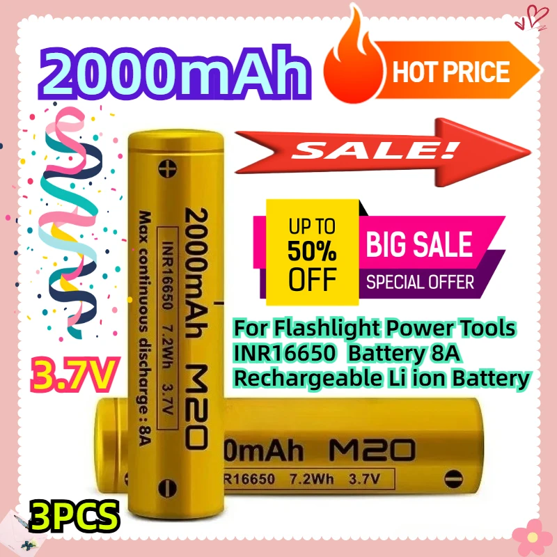 

For Flashlight Power Tools INR16650 Battery 8A Rechargeable Li ion Battery 3.7V 2000mAh 3pcs