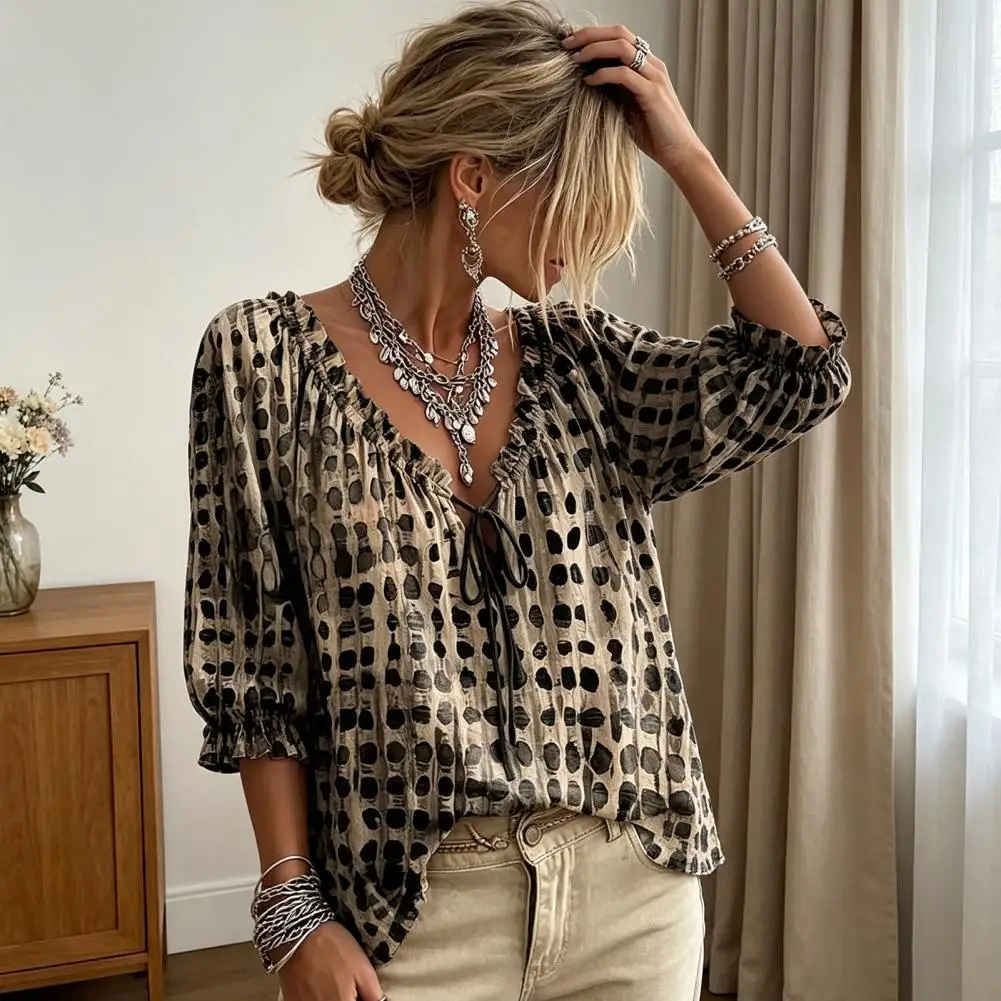Retro Vintage Polka Dot Print With Black Fungus Edge V-neck Strap Top Seven Quarter Bubble Sleeves Loose Lightweight Chiffon Shi