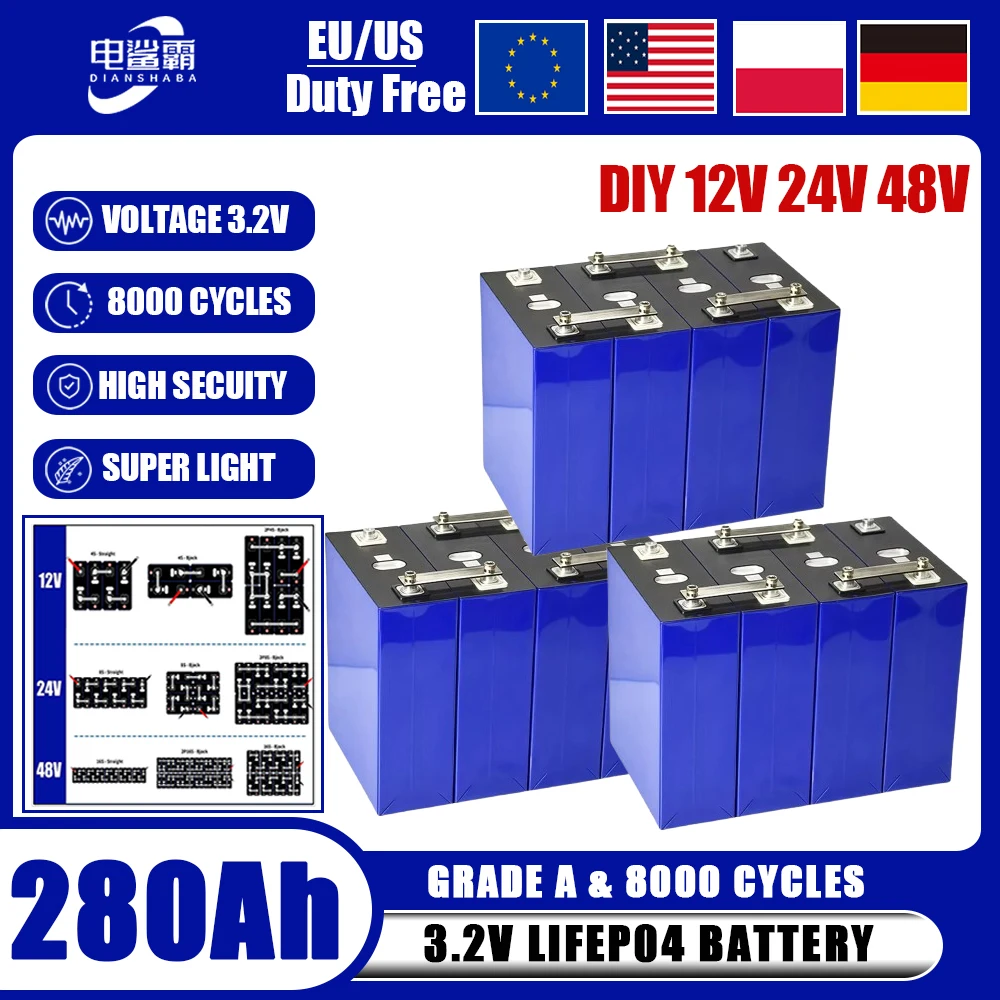 

3.2V 280Ah Battery Brand New Rechargeable Batteries Grade A Lithium Iron Phosphate suitable RV Boat EV Golf Cart Solar tax-free