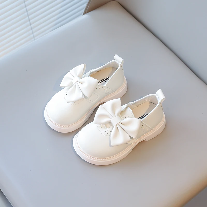 

Girls' Leather Shoes 2025 Spring/Autumn New Simple Bowknot Kid's Casual Shoes Fashionable White Shoes Non-slip Children's Shoes