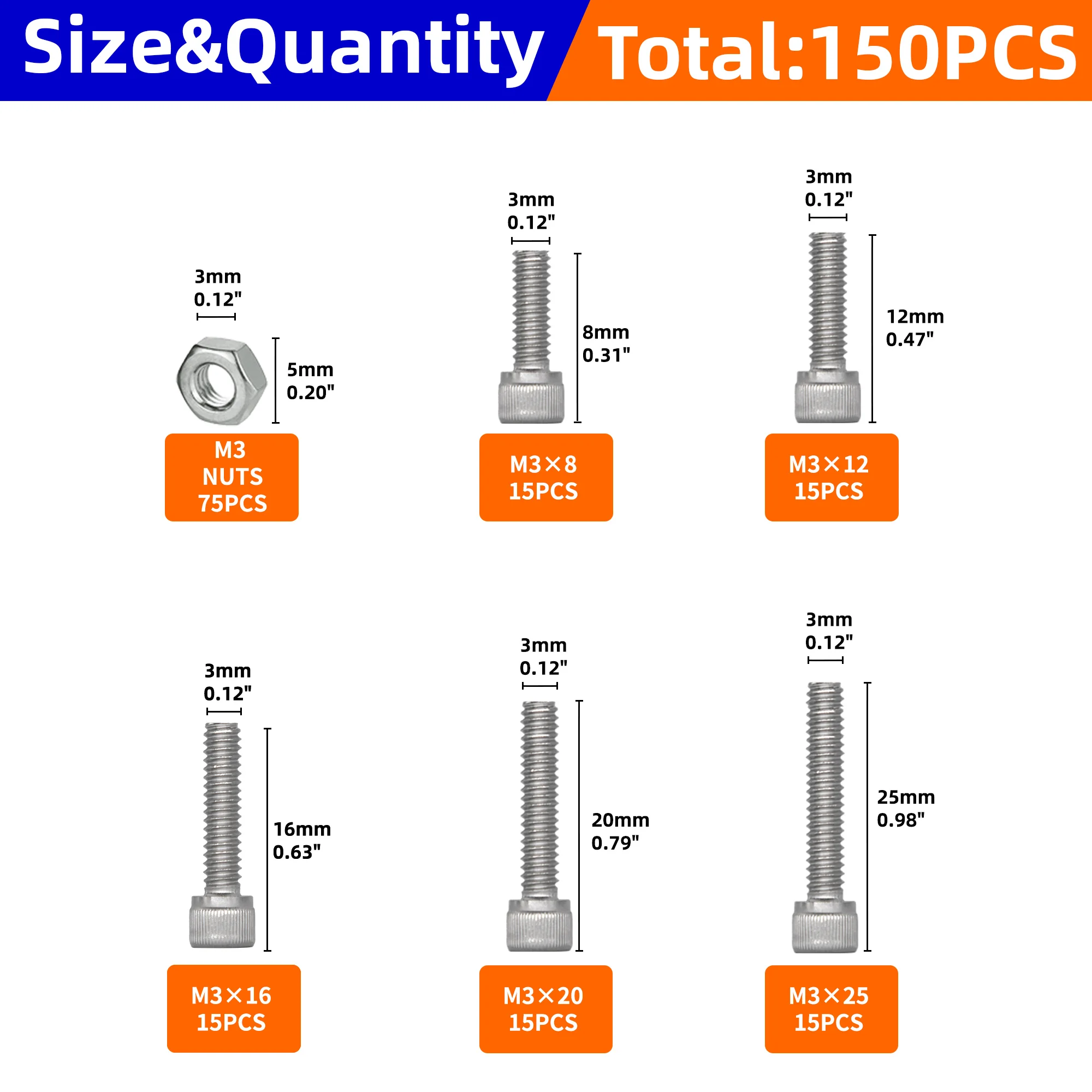 150 stuks zeskantschroef en moerset, M3 roestvrijstalen schroefserie, voor kleine doe-het-zelf-reparatieprojecten