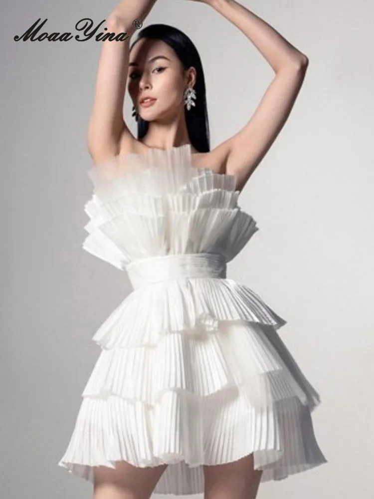 

Gedivoen Autumn Fashion Designer White Vintage Strapless Dress Women's Off Shoulder Backless Ruffles High Waist Slim Mini Dress