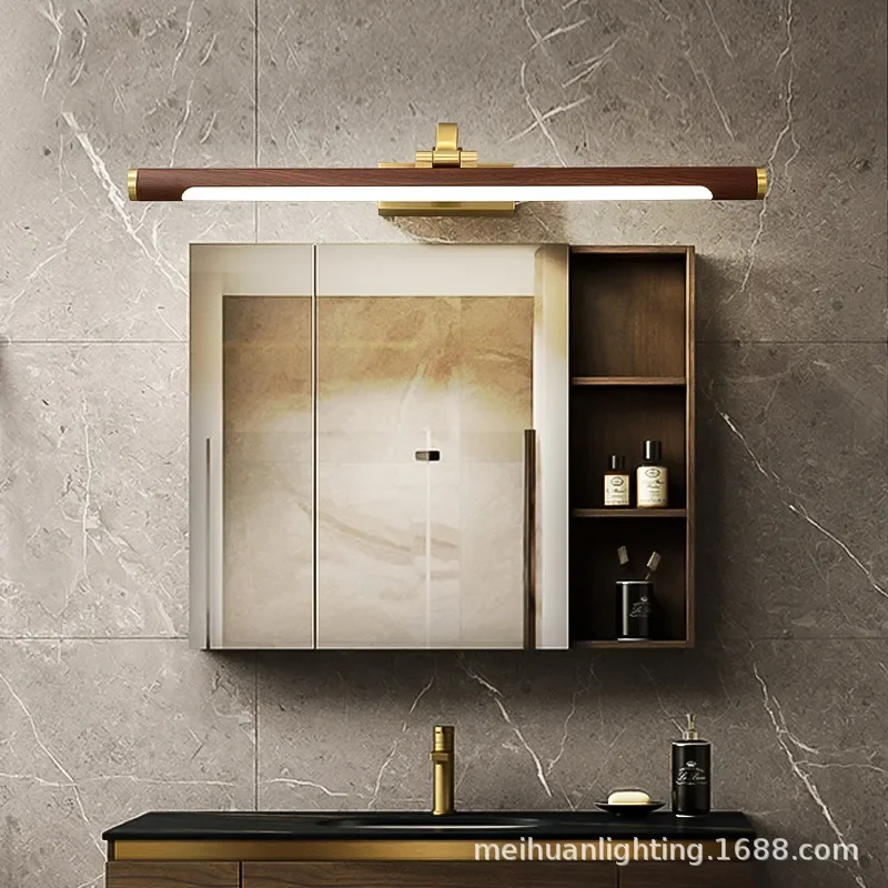 New Chinese wood grain mirror headlight led bathroom cabinet toilet mirror cabinet special dressing makeup wall lamp