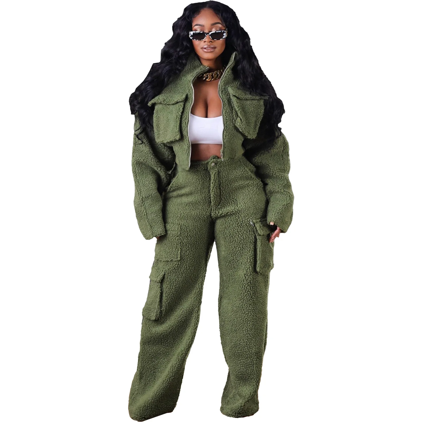 Two Piece Sets Women Solid Pant Set Stand Collar Zipper Full Sleeve Short Tops Long Cargo Pants Tight High Waist Autumn Winter