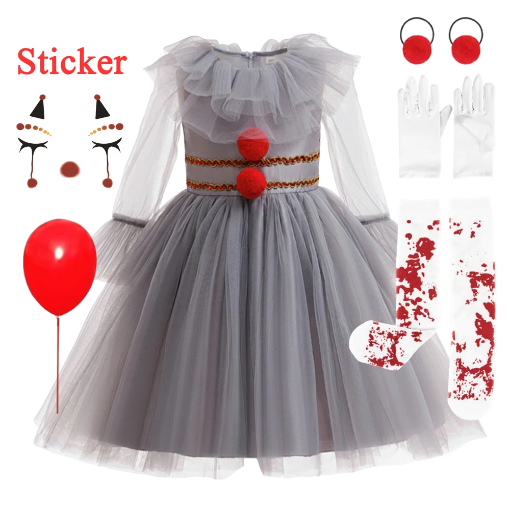 Girl Boys Halloween Gray Joker Costume Tutu Dress Creepy Clown Kids Carnival Party Cosplay Children Outfit