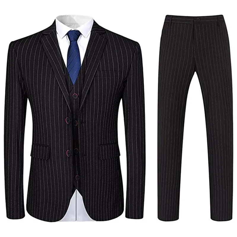 Mens 3 Piece Suit Formal Pinstripe Slim Fit Notched Lapel Dress Blazer Vest Trousers Set（Blazer+vest+Pants）