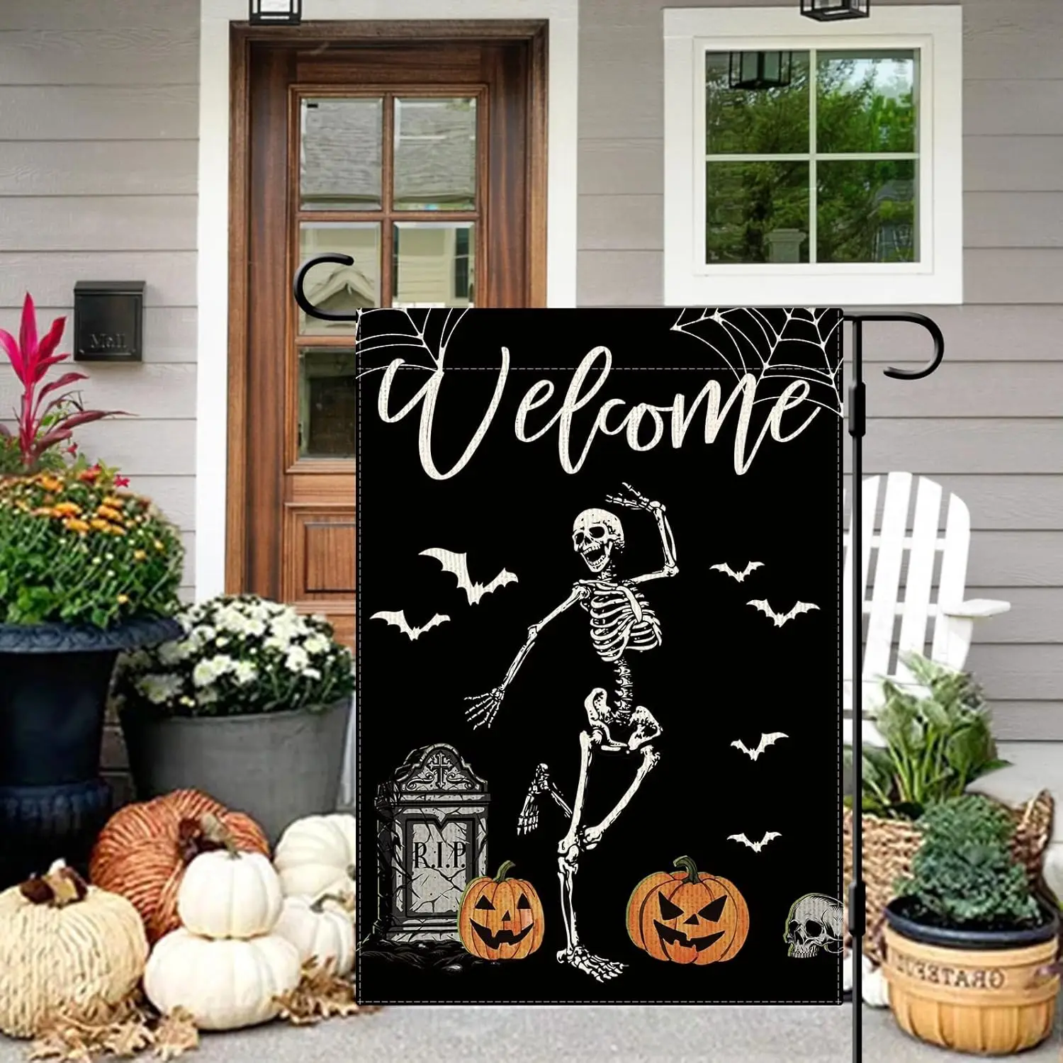 DLZDN Halloween Skeleton Garden Flag Skull Pumpkin Flag 12×18 Inch Double Sided Vertical Burlap Farmhouse Welcome Yard Flag Seas